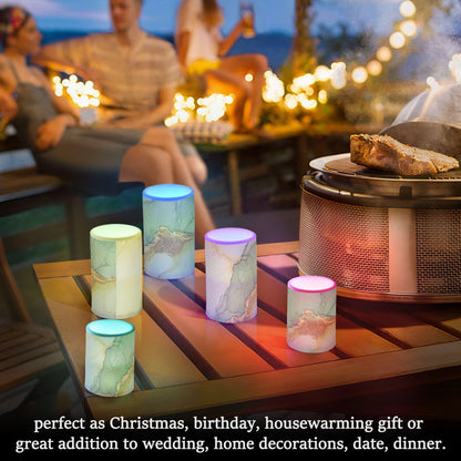 famyily Marble Sage Green Yellow Flameless Candles Led Pillar Candles with Remote Control for Living Room 4" 5" Set of 2