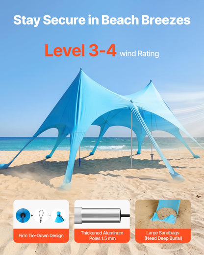 VEVOR Beach Tent Sun Shelter, UPF50+ Sun Protection, 9.2 ft Tall, 20 x 13 ft, Easy Pop Up Beach Canopy with Sandbags, Stability Poles, Sand Shovels, Portable Shade for Family Outings, Camping, Fishing