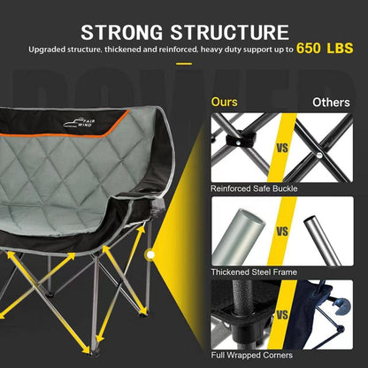FAIR WIND Oversized 3 Person Camping Chair Padded Triple Loveseat Folding Camping Couch Duo Chair Heavy Duty Quad Fold Arm Chair with Cup Hold - Supports 900 LBS Black