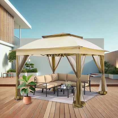 Solaroxy 10' x 10' Pop Up Gazebo Tent, Outdoor Screen Canopy Shelter, Instant Patio Sun Shade Gazebo Tent with 2 Tiers Roof & Mesh Netting for Garden, Lawn, Backyard, Party, Beige