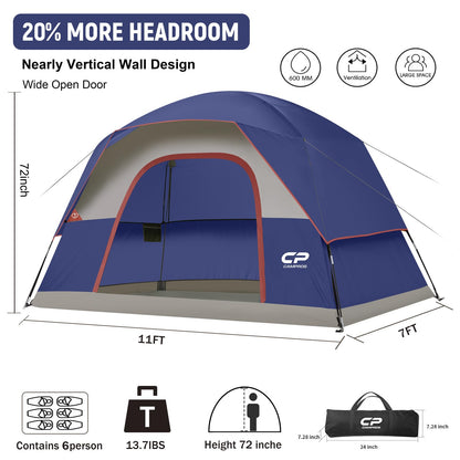 CAMPROS CP Tent 6 Person, Waterproof Windproof Double Layer Family Dome Tent, Easy Setup with Large Mesh Windows & Wide Door for Camping