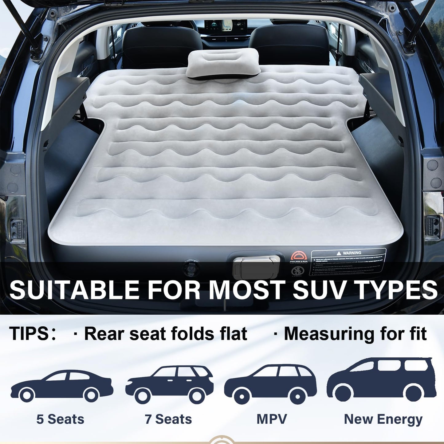 Coverado SUV Air Mattress, Thickened Flocked-Top Car Air Mattress with Wireless Built-in Pump, Pillows, Patch Kit & Carry Bag, Quick&Easy Set Up, SUV Mattress Camping Bed Universal fit for Most Cars