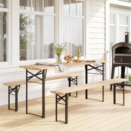 Giantex 70 Inch Folding Picnic Tables with Benches Set, Solid Wood Camping Beer Table Bench Set with Metal Frame, 3-Piece Portable Patio Dining Furniture, Indoor & Outdoor Folding Table and Chairs