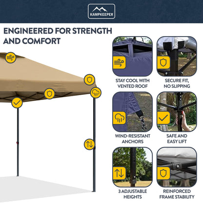 KAMPKEEPER 10x10 Pop-Up Canopy Tent, Waterproof, Portable Shade with Side Walls, Adjustable Instant Outdoor Shelter for Camping, Backyard, and Events, Khaki