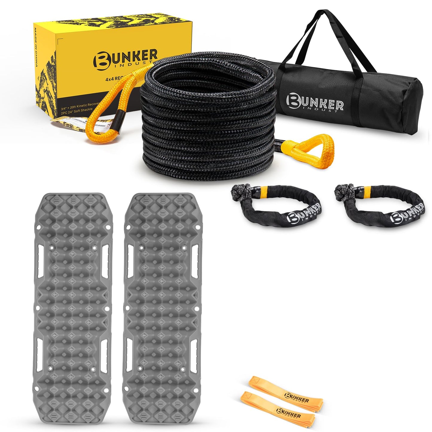 BUNKER INDUST Off Road Traction Boards (Gen 10) Grey + 1"×30ft Kinetic Recovery Rope with 2 Soft Shackles Kit