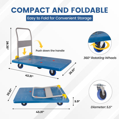 DEGEDUN Foldable Push Cart Dolly 1320 lbs,Moving Platform Hand Truck Blue,with 360° Swivel Wheels, for Home Garage Workshops, Loading, Storage, Warehouse
