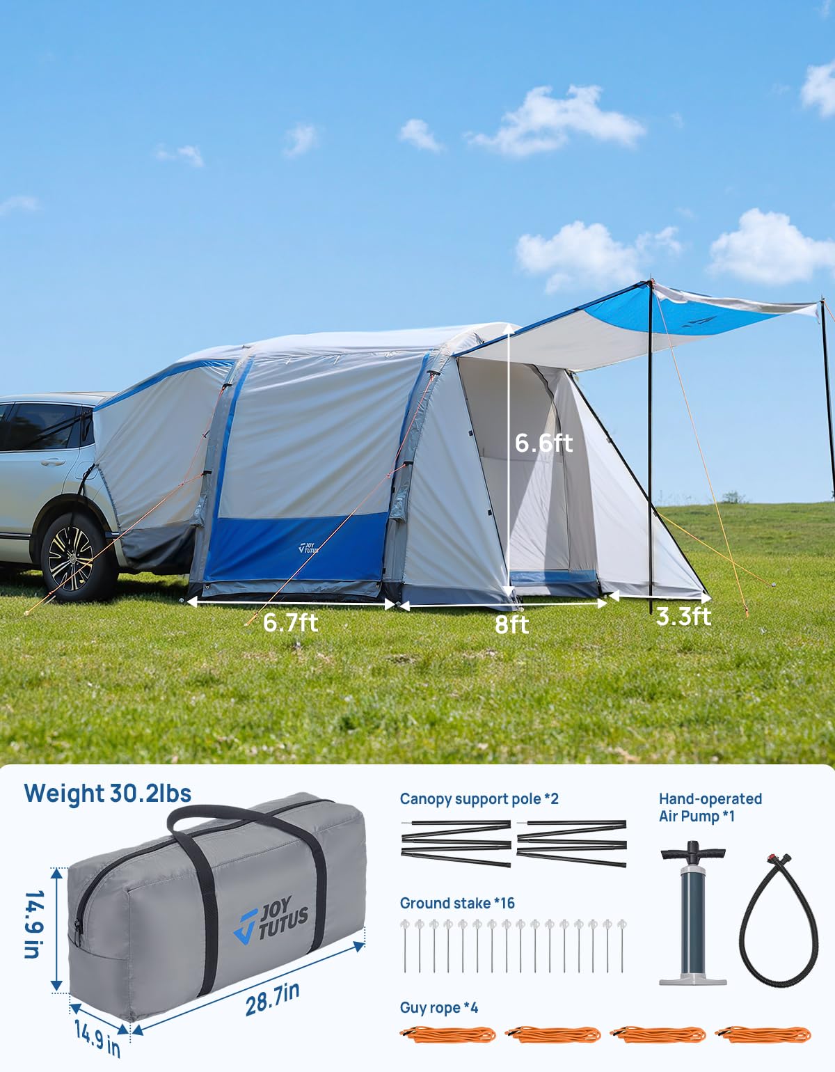 JOYTUTUS Inflatable SUV Tent with Pump 2.0, 30% More Space, Easy Set-up Car Tent for 6 Person Family Camping, Dual-Use for SUV or Ground Camping with 2 Awnings, Double Door, Fit for SUV Car Van