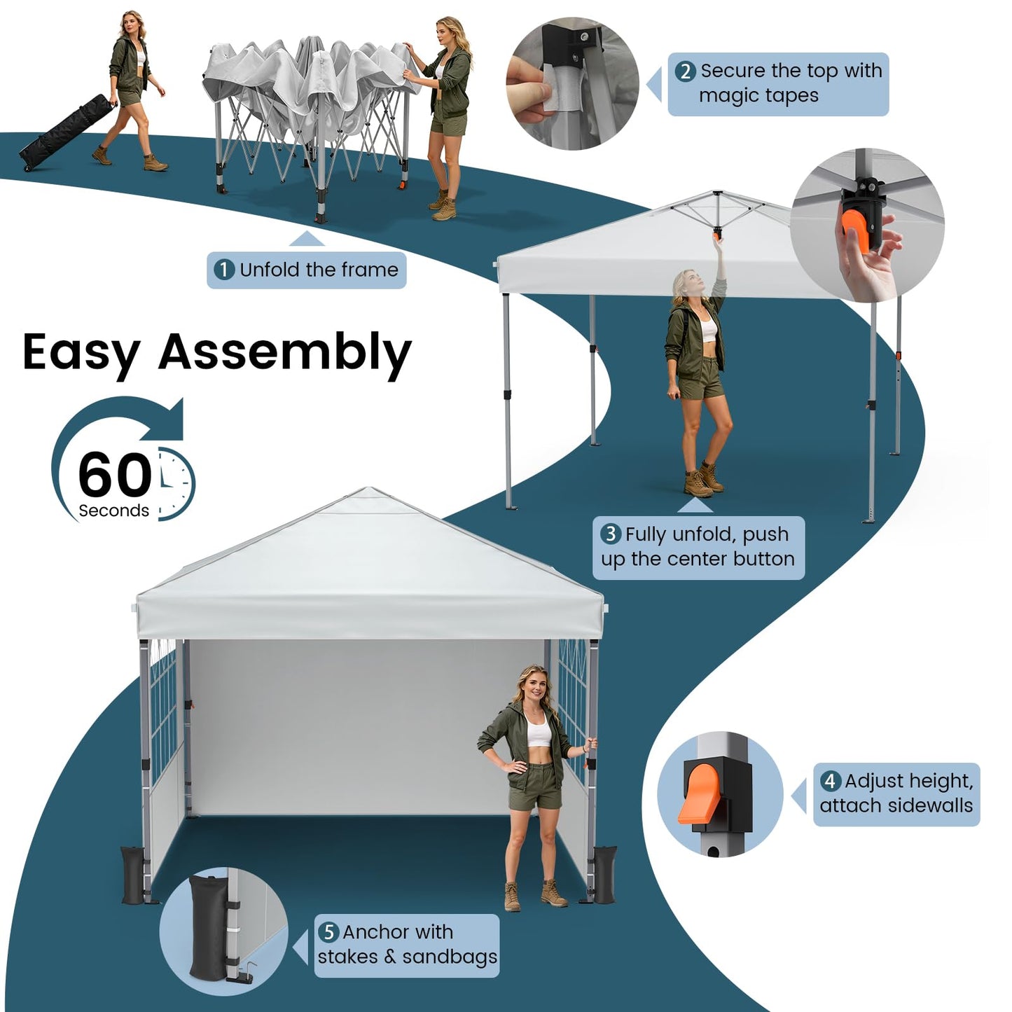 Raynesys Pop Up Canopy Tent with Sidewalls, 10x10ft 10 Person Party Tent One Push Setup, Portable Gazebo Outdoor Sun Shade for Events, Parties, Camping, Commercial, Silver Coated Top, White