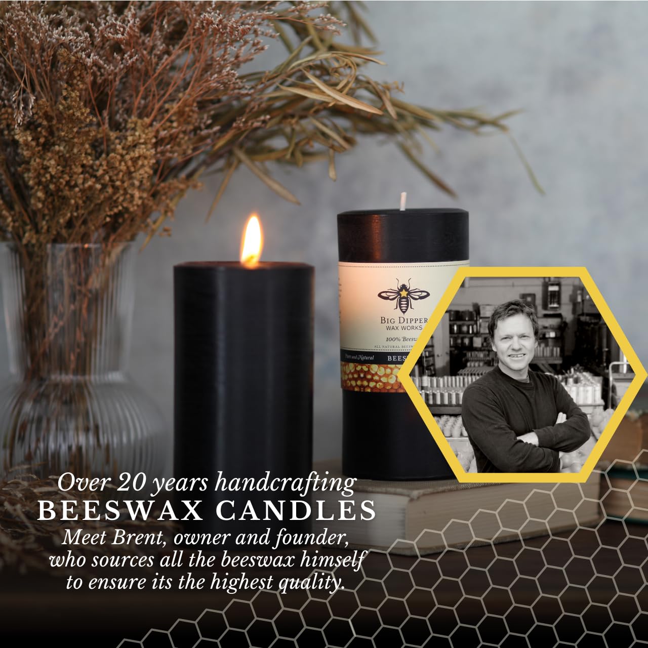 Big Dipper Wax Works Black Pillar Candle, 90-Hour Long Burn, Pure Beeswax Candle, 3" x 6”