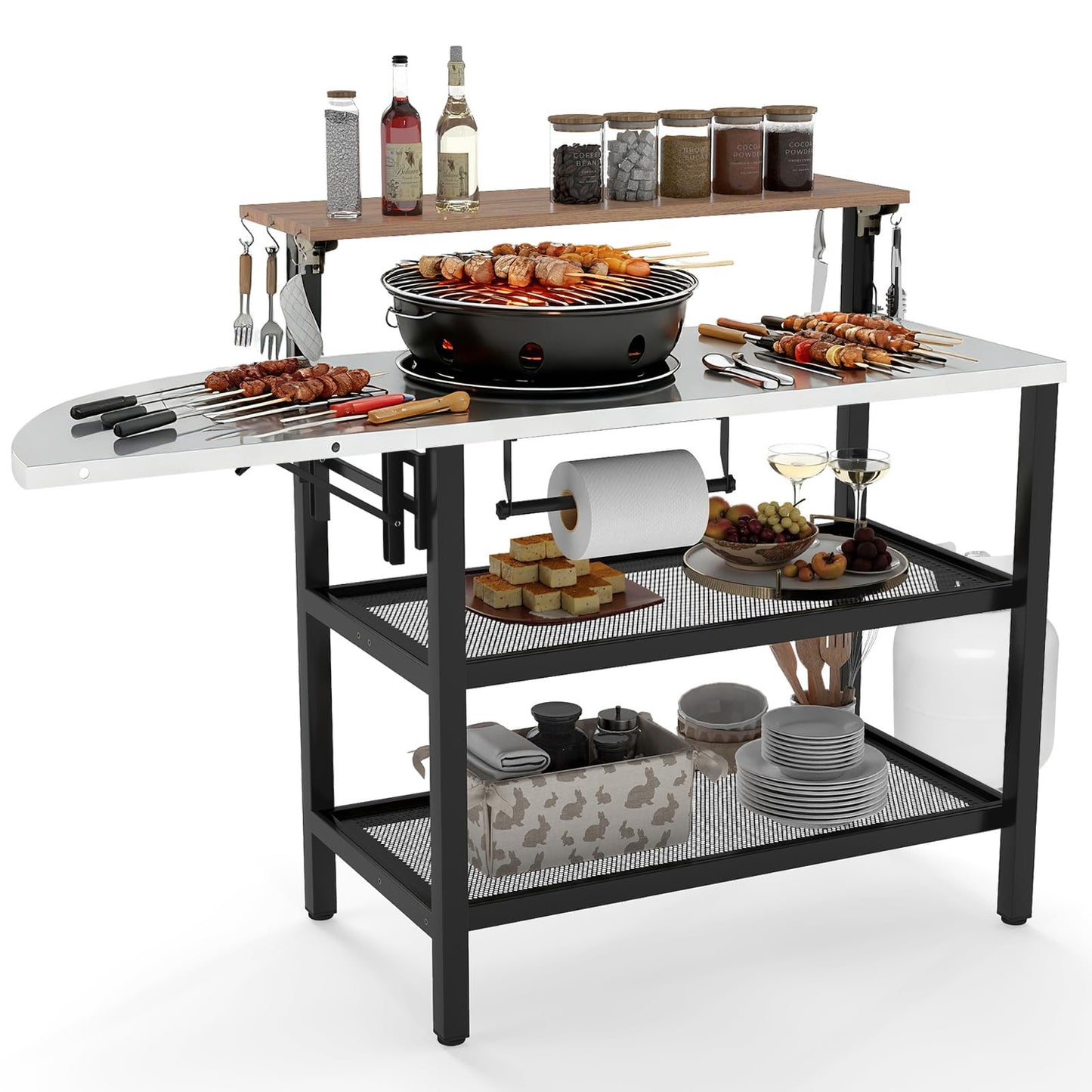 Giantex Outdoor Bar Table with Flip-Up Top & Foldable Side Table, 4-Tier Grill Stand with Storage Shelves, Hooks, Paper Towel Holder, Patio Kitchen Island Food Prep Cooking Station