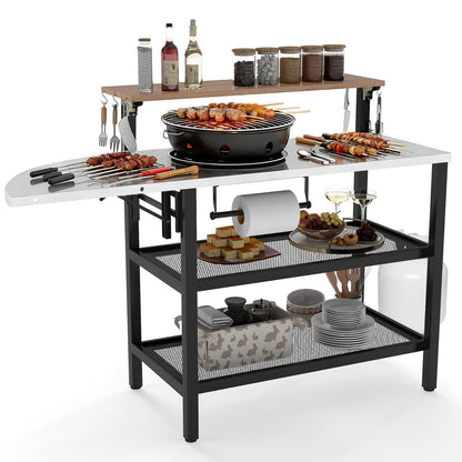 Giantex Outdoor Bar Table with Flip-Up Top & Foldable Side Table, 4-Tier Grill Stand with Storage Shelves, Hooks, Paper Towel Holder, Patio Kitchen Island Food Prep Cooking Station