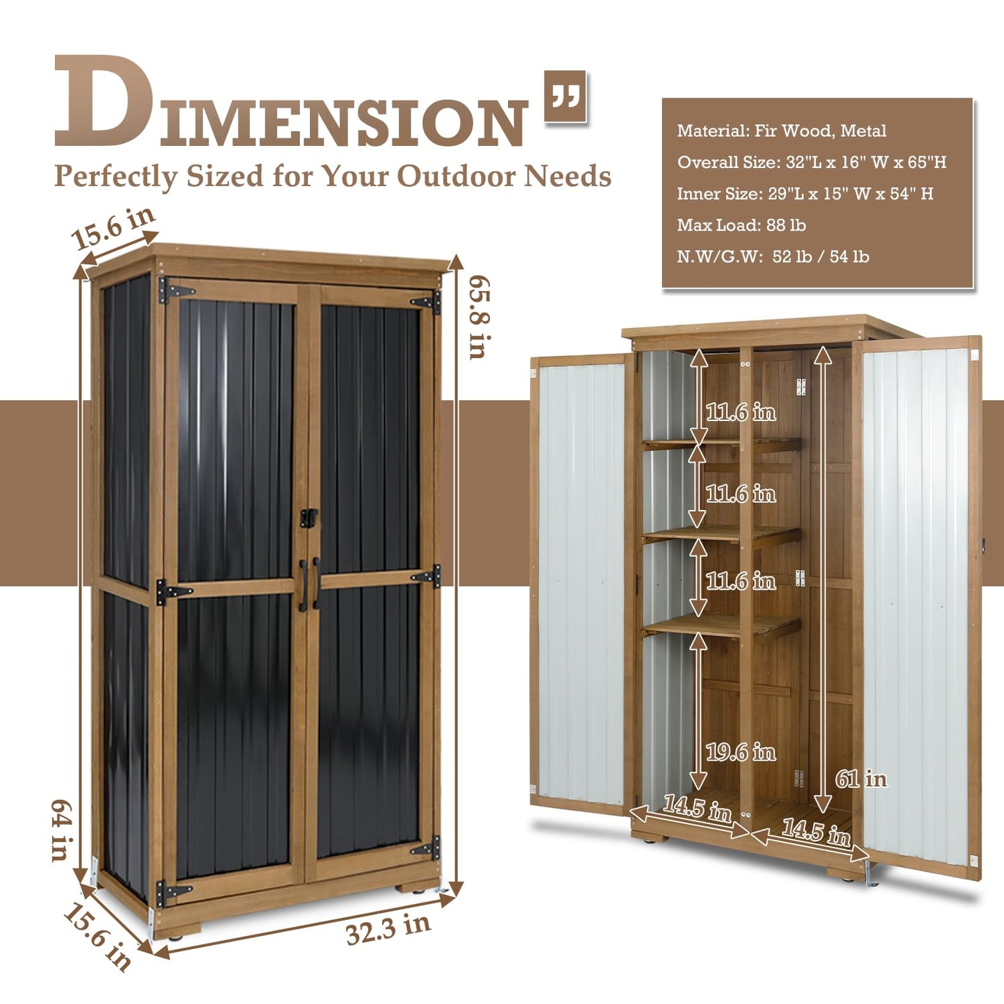 Outdoor Storage Cabinet Waterproof with Shelves, Small Storage Shed, Vertical Tall Patio Backyard Garden Storage Cabinet Tool Organizer for Outside