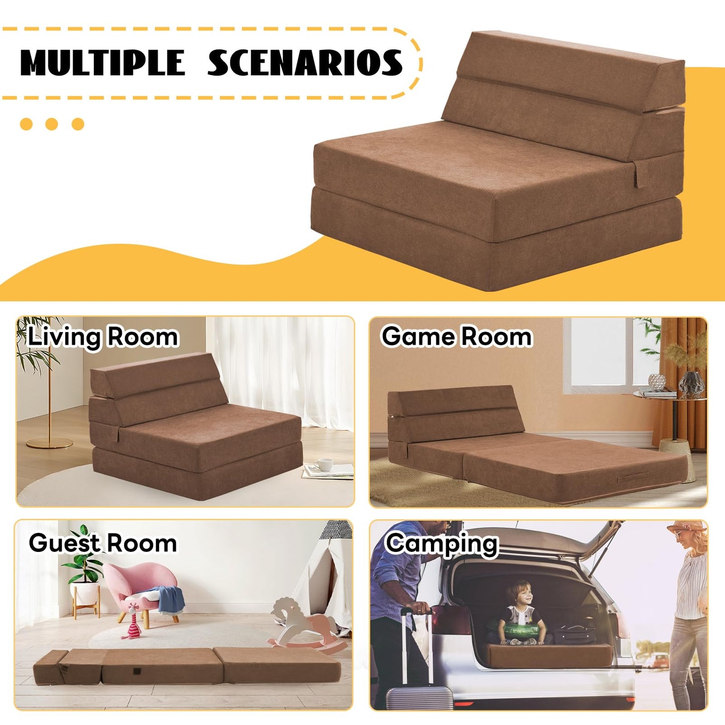jela Foldable Sofa Bed Large Soft Foam Convertible Sleeper Chair Luxury Miss Fabric Fold Out Chair Bed Floor Couch with Back Support Floor Sofa for Living Room Bedroom (83"x33",Coffee Brown)