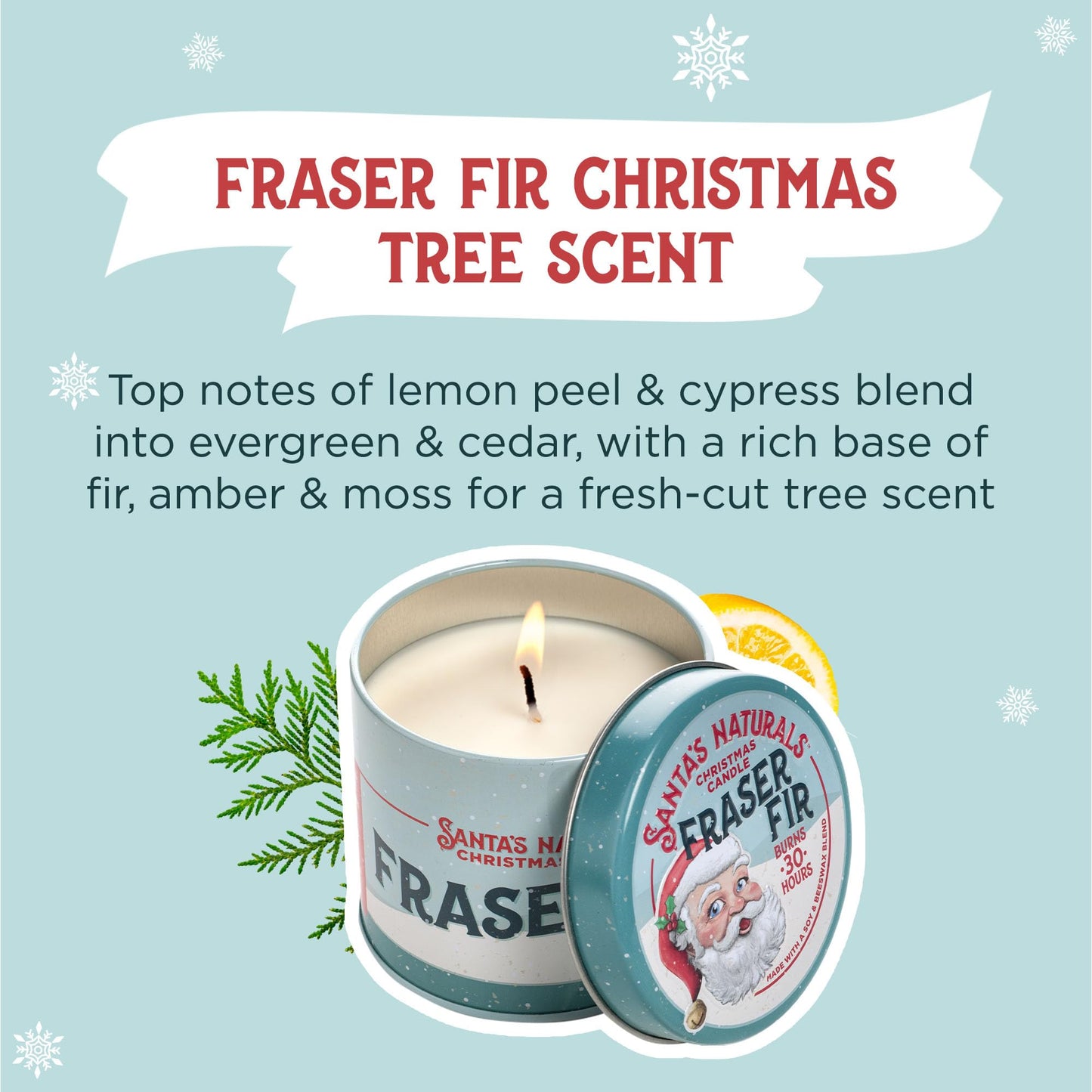 Santa's Naturals Fraser Fir Christmas Candle for Holidays & Gifts, Fresh Cut Tree Scent, Soy & Beeswax Blend, 30+ Hour Burn, 9 oz