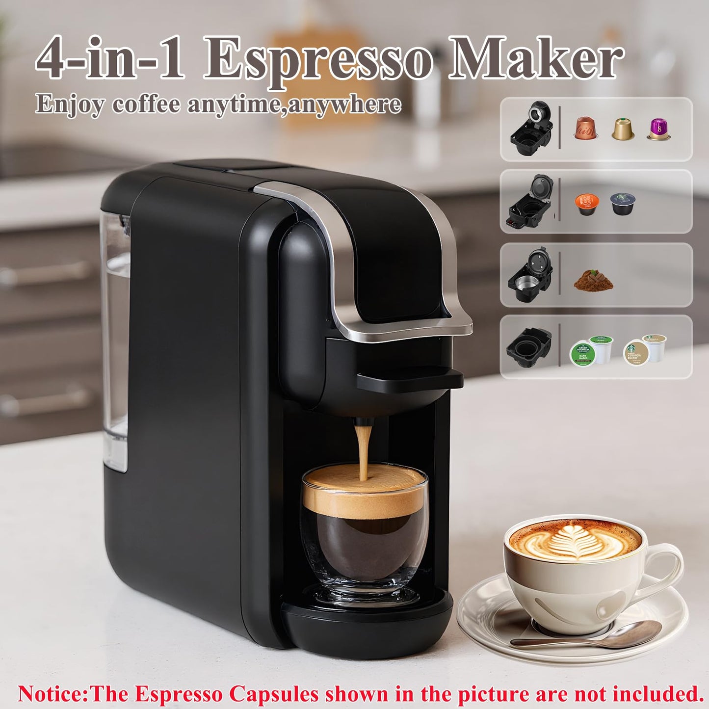 MAIPSIG 4-in-1 Pods Coffee Maker 19Bar, Compact Design Fast Brew Hot/Cold Single Serve Espresso Machine for K Cup Pods,Nes Original/DG Capsule and Ground Coffee at Home or Office (Black)
