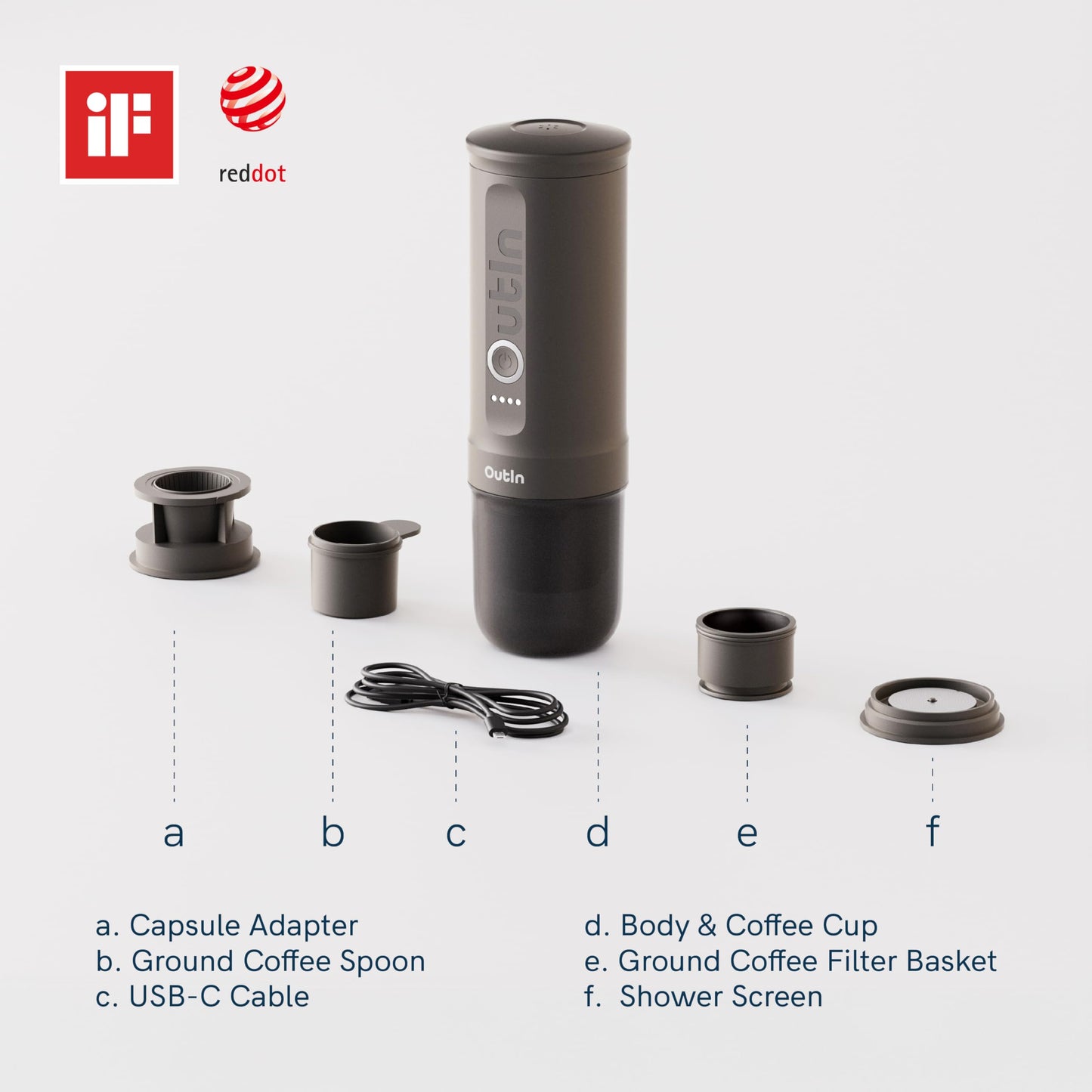 OutIn Nano Portable Electric Espresso Machine, Travel Coffee Maker for Camping, Car Coffee Maker Self-Heating with USB-C, With Ground Coffee & NS Capsule for RV, Hiking, Office