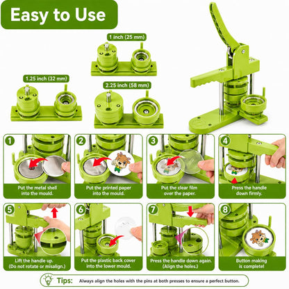 Pin Maker, Button Maker Machine, Pin Maker Machine Kit Includes 300Pcs Pins 25/32/58mm (1/1.25/2.25 inch), 3 Circle Paper Cutters, DIY Button Pin Maker, Button Badge Press Machine(Green)