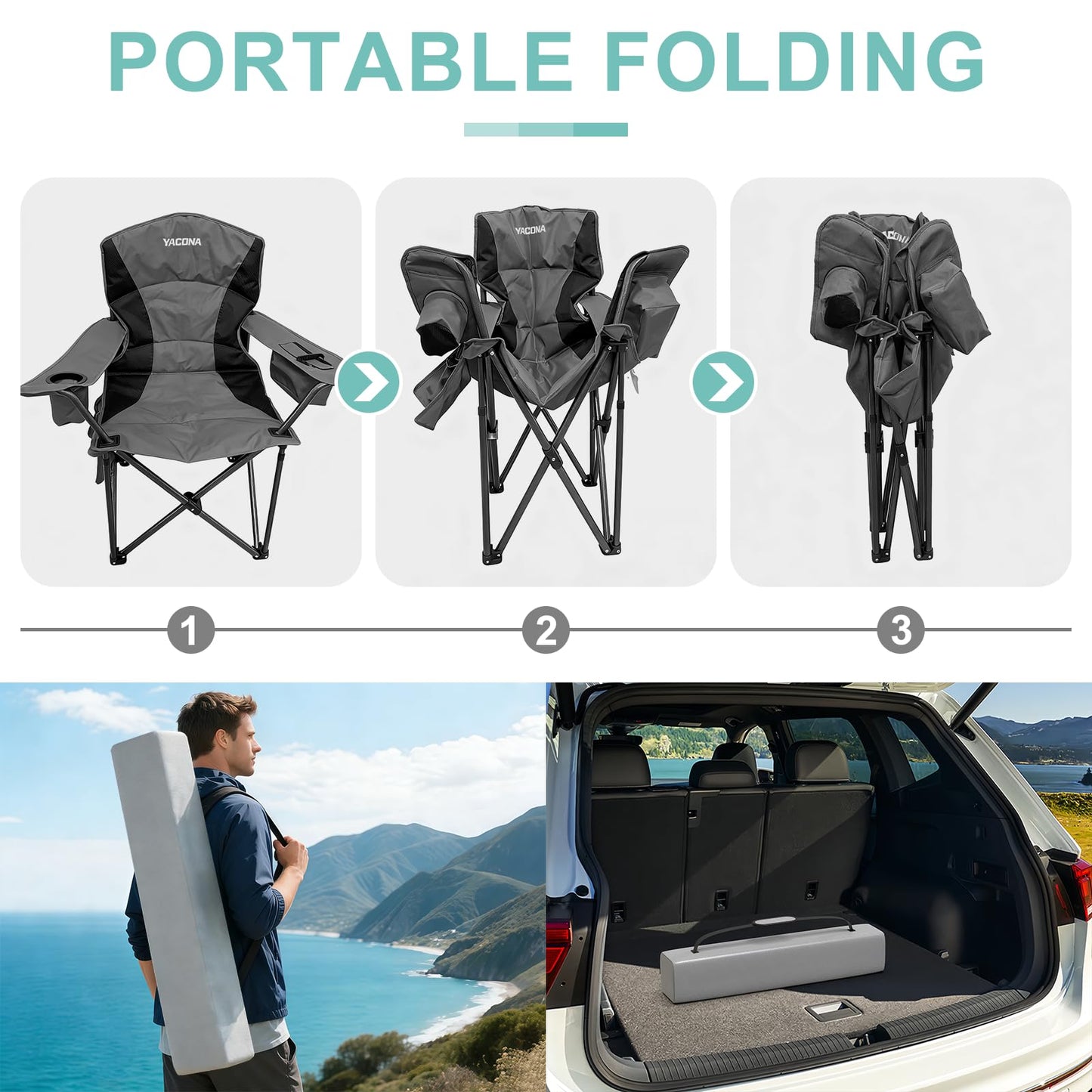 Oversized Camping Chairs 2 Pack - 500lbs Support Folding Camping Chair for Adults w/Padded Back & Arm Sport Chairs, Cup Holder Cooler Bag, Heavy Duty Portable Lawn Chairs for Sports Garden Beach
