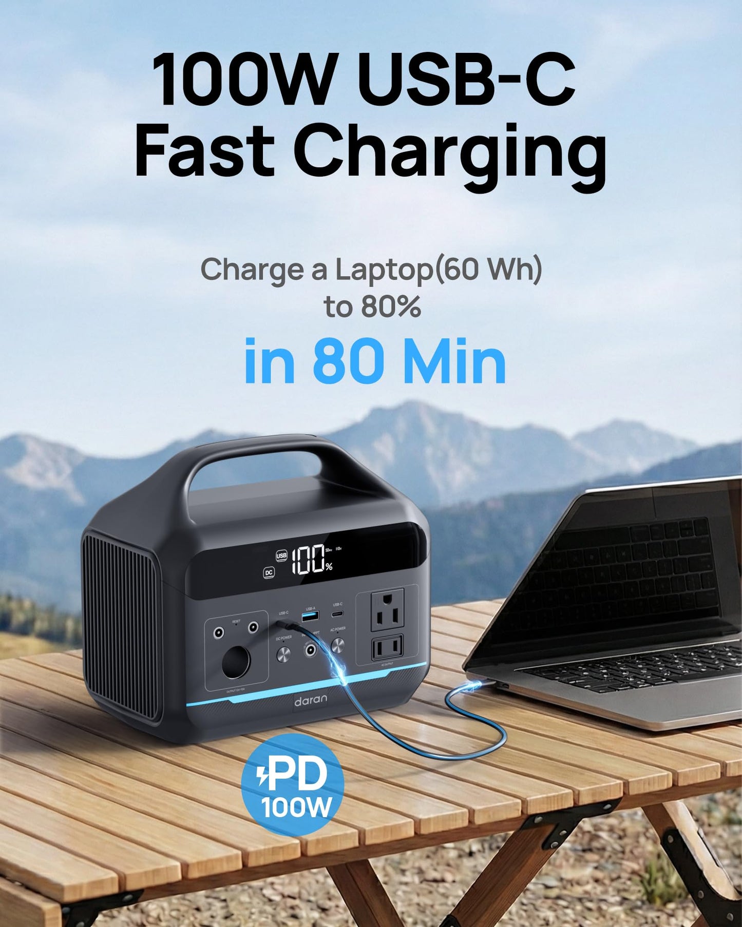 DARAN Portable Power Station 600W(1200W Surge) - 288Wh Solar Generator LiFePO4 Battery with AC DC Outlets, 8.3LB Portable Charging Station for Camping, RV, Home, Emergency (Solar Optional)