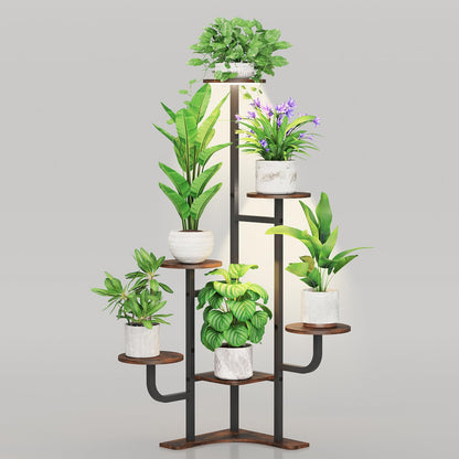 Homsorout Corner Plant Stand with Grow Light - 6 Tier Plant Stand Indoor Round Metal Plant Shelf with Adjustable Light, Plant Organizer for Living Room, Graden, Home Decor (Brown)