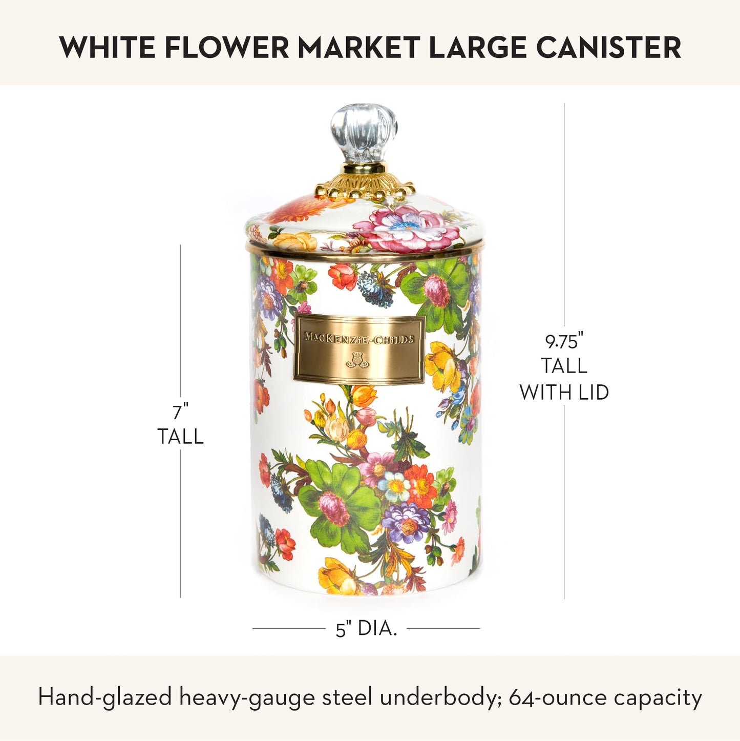MACKENZIE-CHILDS Enamel Canister, Versatile Kitchen Storage Container for Flour and Sugar, Large, 64-Ounce Capacity, White Flower Market