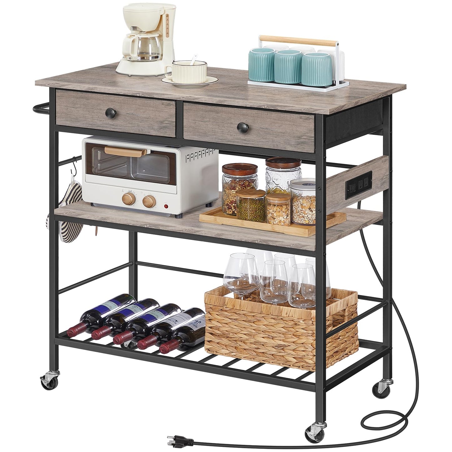 HOOBRO Kitchen Island with Storage, Rolling Island Cart for Kitchen with 2 Drawers & Outlet, 3 Tier Coffee Station and Microwave Stand, Kitchen Island Table for Home, Greige BG08UZD01