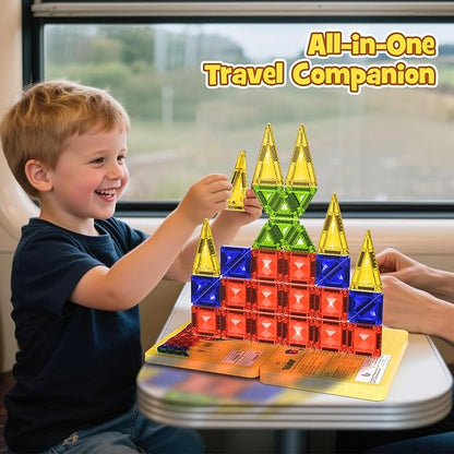 Mini Magnetic Tiles Travel Set - 40PCS Diamond Texture Magnetic Building Blocks for Kids 10% Thicker &amp Portable Yellow Metal Storage Box Montessori STEM Educational Toys Gift for Ages 3+