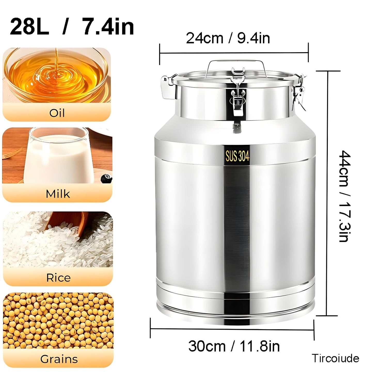 Tircoiude Stainless Steel Milk Can, 7.4Gal Food Grade 304 Stainless Steel Airtight Storage Canister with Locking Clamp Handle, Metal Storage Container for Oil, Wine, Grain and Raw Milk 28L