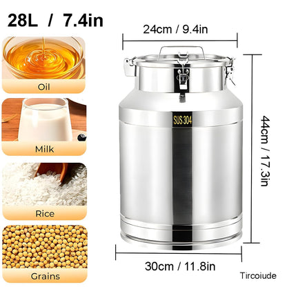 Tircoiude Stainless Steel Milk Can, 7.4Gal Food Grade 304 Stainless Steel Airtight Storage Canister with Locking Clamp Handle, Metal Storage Container for Oil, Wine, Grain and Raw Milk 28L