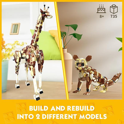 KAZI Creator 2 in 1 Wild Safari Animals Building Set Rebuilds into Giraffe or Corsac Fox Toy Figures Nature Toys for Kids Ages 8 Years Old and UpEaster Basket Stuffers