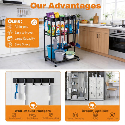 QonicFly Broom Holder with Cleaning Cart on Wheels – 300 lbs Weight Capacity, Holds Upright Vacuum & Steam Mop, Locking Brakes, Slim 22" Wide Storage for Garage Laundry Room, No Tools Assembly
