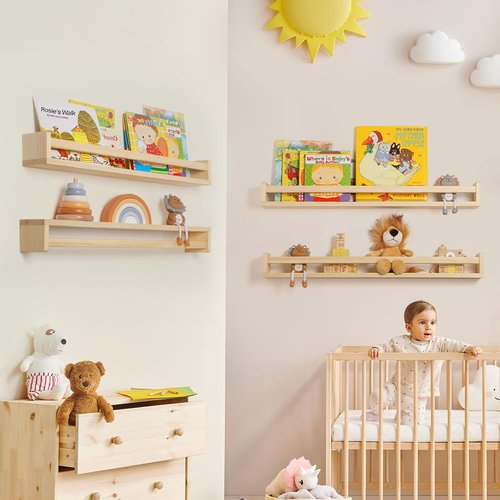 Fun Memories Nursery Book Shelves - Rustic Solid Wood Floating Bookshelf for Kids - 32-Inch Natural Wall Shelf (2-Pack)
