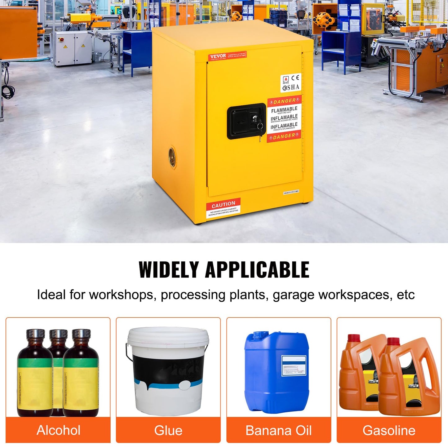 VEVOR Safety 12 Gal, Cold-Rolled Steel Flammable Liquid Storage Cabinet, 16.9 x 16.9 x 22 in Explosion Proof with 1 Adjustable Shelf 1 Door for Commercial Industrial Use, Yellow, SS-559