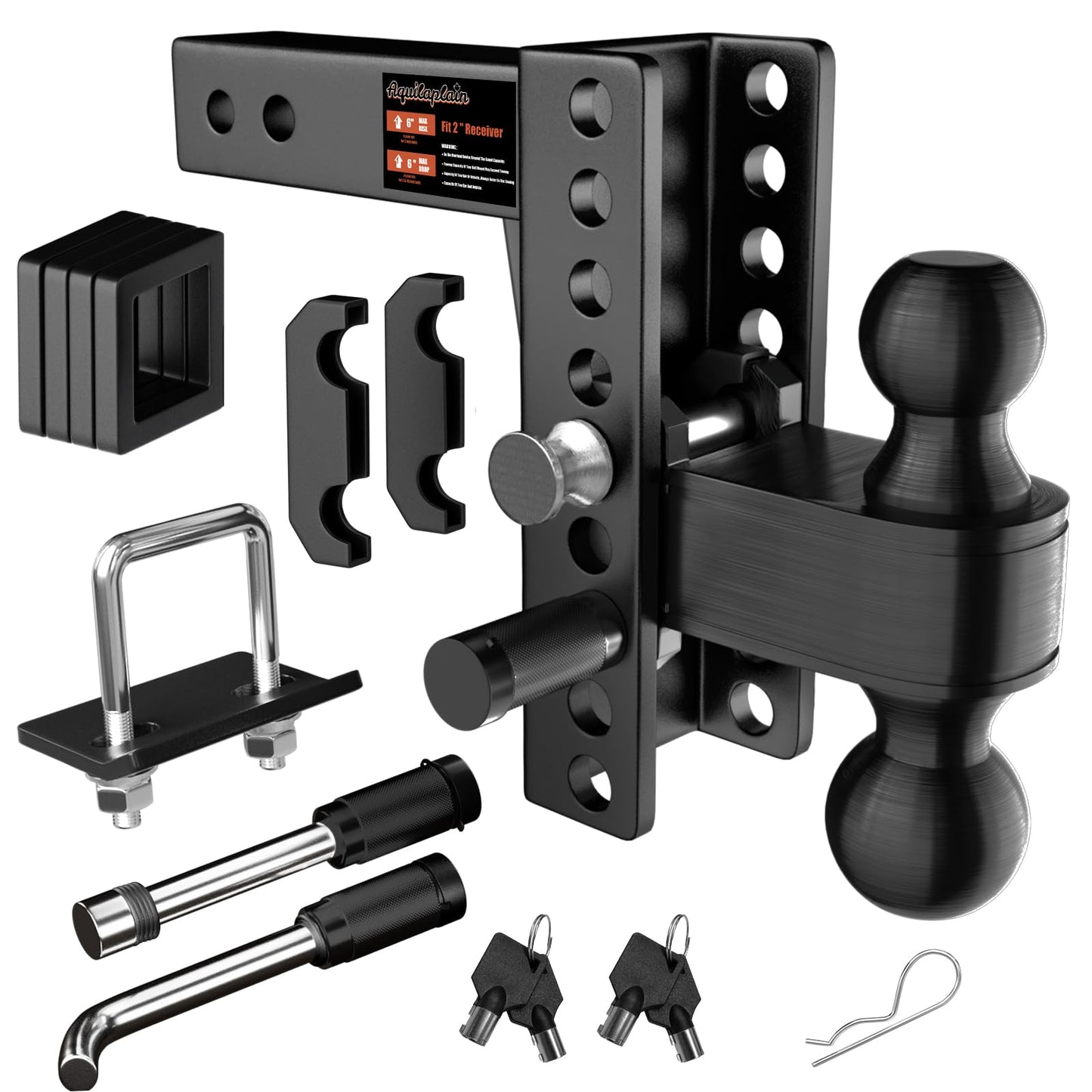 Aquilaplain 2 inch Adjustable Trailer Hitch with 2 Anti-Theft Lock Pins - 6" Rise/Drop, 2'' & 2-5/16'' Ball Hitches 25000 LBS Heavy Duty Towing Ball Mount for RVs, Campers, Boat Trailers