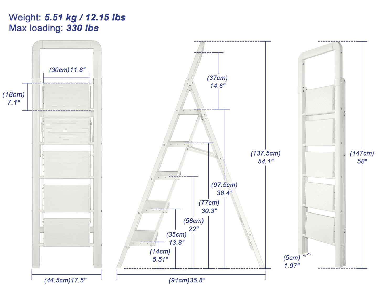 BIBKOKE Step Ladder 5-Step White Finish Aluminum Folding Step Ladders,Anti-Slip Max 330 lbs