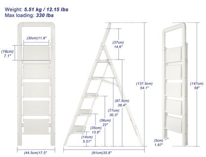 BIBKOKE Step Ladder 5-Step White Finish Aluminum Folding Step Ladders,Anti-Slip Max 330 lbs