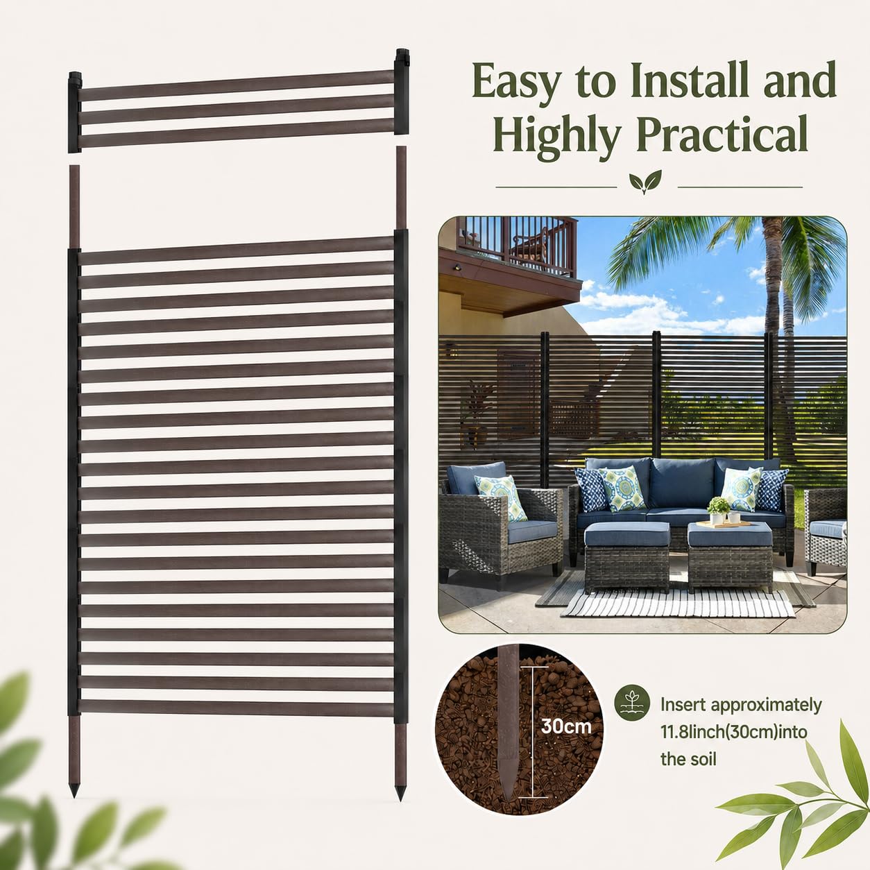 Outdoor 3FT x 6FT Metal Privacy Screen, Privacy Fence Panels for Outside, Decorative Room Divider, Tall Fence Sticks for Backyard Patio Garden, Brown