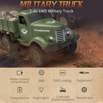 GoolRC RC Military Truck 1:16 Scale Remote Control Car 6WD RC Army Car All Terrain Off-Road RC Truck 2.4GHz Electric Military Transporter Vehicle with Headlights for Adults