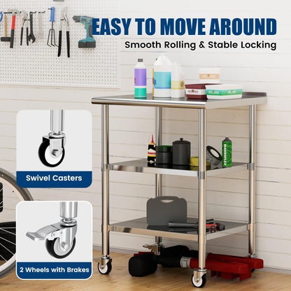 Chingoo Stainless Steel Work Table with Wheels, 24x30 Inch NSF Food Prep Table with Backsplash & 2 Adjustable Undershelves for Commercial Kitchen, Restaurant, Garage