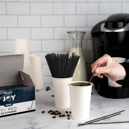 Crystalware, Plastic Stir Straw, Sip Stirrer, For Coffee and Cocktail, 7 1/2 Inches 1000/Box, Black