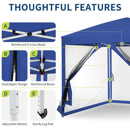 GarveeLife 8 ft x8 ft Instant Pop-Up Canopy Tent with Removable Mosquito Netting & 2 Zipper Doors, Portable Outdoor Shelter for Camping, Backyard, Picnic - Includes Wheeled Carry Bag (Blue)