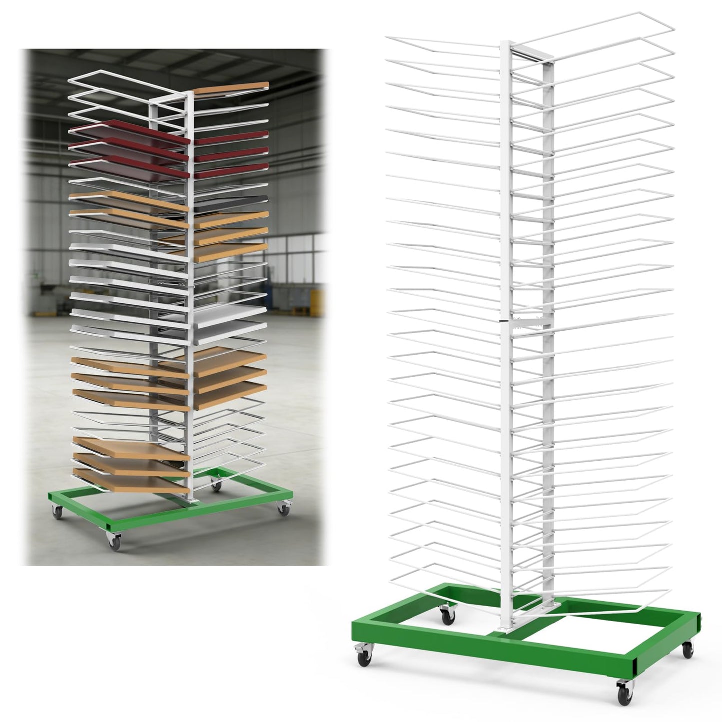 Justore Heavy-Duty Paint Drying Rack for Cabinet Doors and Full-Size Doors, 50 Shelves Cabinet Door Drying Rack for Art Studios & Classroom, Space Saving Design with 4 Casters, 25 LBS/Level