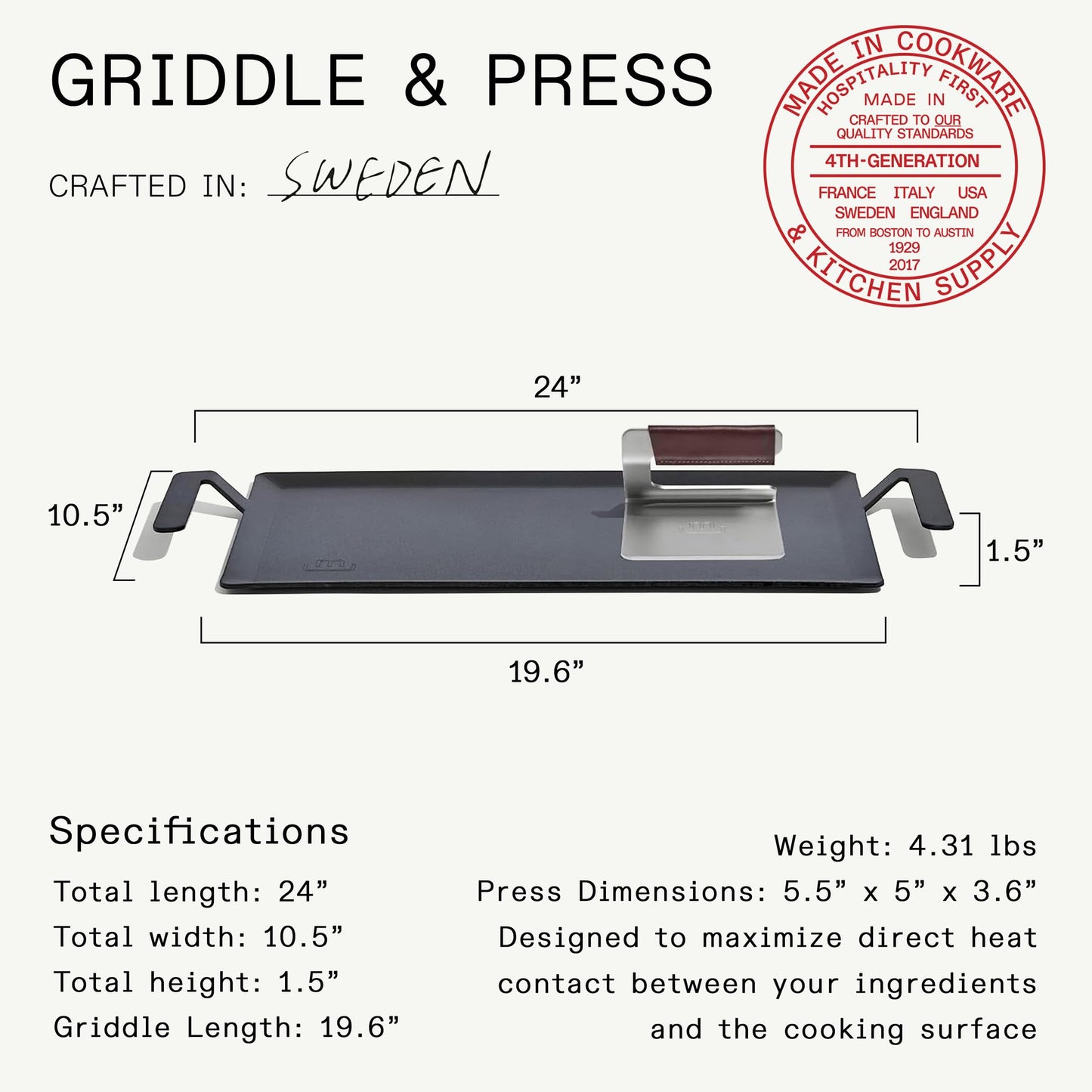 Made In Cookware | Carbon Steel Griddle + Grill Press | Professional Cookware | Crafted in Sweden | Induction Compatible