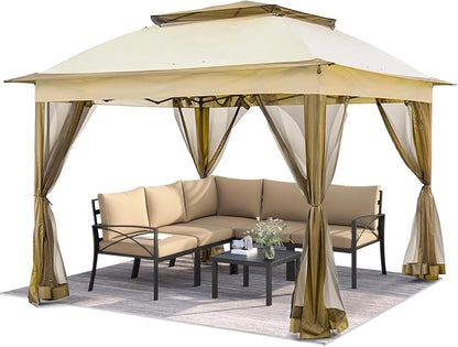 Solaroxy 10' x 10' Pop Up Gazebo Tent, Outdoor Screen Canopy Shelter, Instant Patio Sun Shade Gazebo Tent with 2 Tiers Roof & Mesh Netting for Garden, Lawn, Backyard, Party, Beige