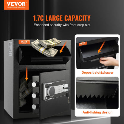 VEVOR 1.7 Cub Depository Safe, Deposit Safe with Drop Slot, Electronic Code Lock and 2 Emergency Keys, 13.77''x11.81''x17.71'' Business Drop Slot Safe for Cash, Mail in Home, Hotel, Office