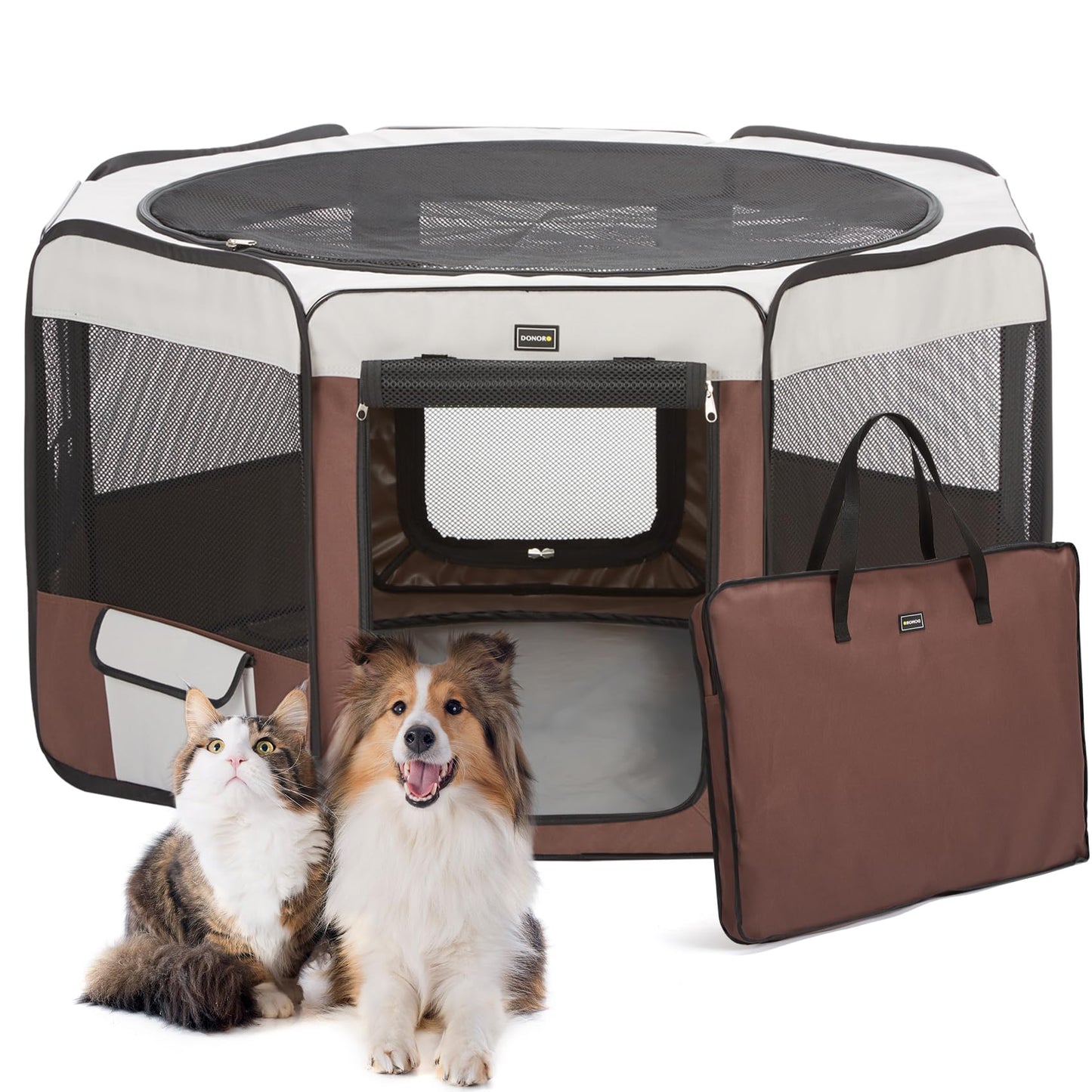 DONORO Dog Playpen 55" Portable Pet Play Pens for Medium Large Dogs, Foldable Exercise Kennel Tent Crate Indoor/Outdoor Travel Camping, Removable Top/Bottom (55"x55"x30"), 8