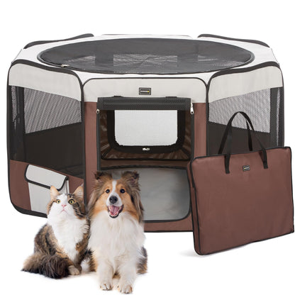 DONORO Dog Playpen 55" Portable Pet Play Pens for Medium Large Dogs, Foldable Exercise Kennel Tent Crate Indoor/Outdoor Travel Camping, Removable Top/Bottom (55"x55"x30"), 8