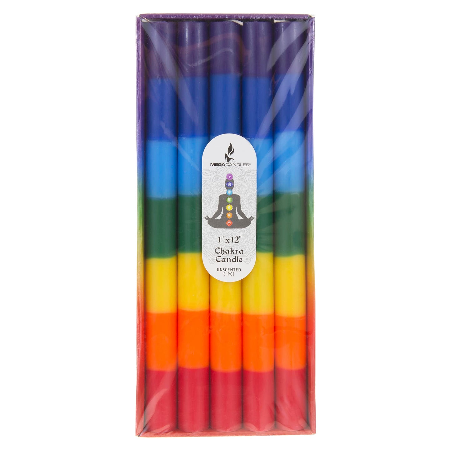 Mega Candles 5 pcs Unscented Multi Color Straight Taper Chakra Candles, Hand Poured Premium Wax Candle 12 Inch x 1 Inch, 100% Cotton Wick, Positive Healing Energy, Meditation, Relaxation, Reiki, Yoga