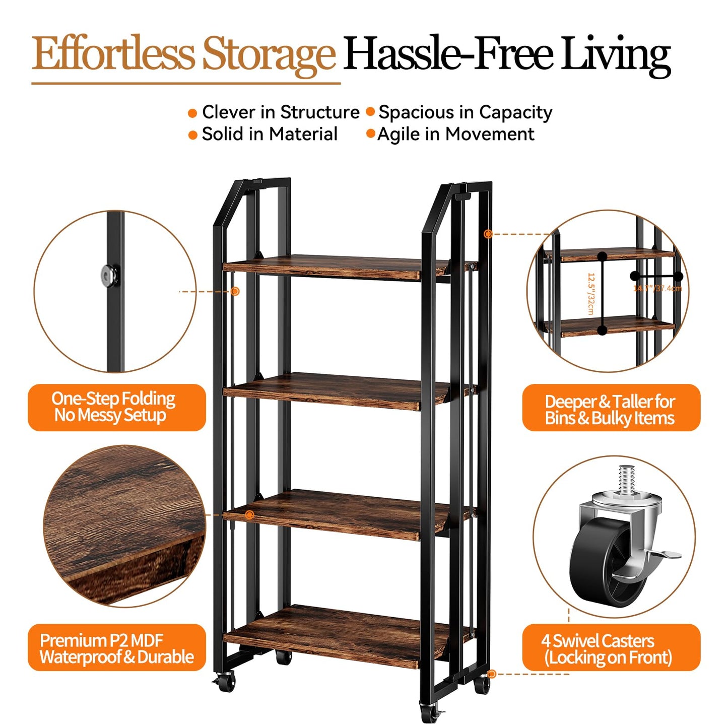 VYRIVA No Assembly Double-Sided Folding Bookshelf for Living Room, 4 Tier Collapsible Book Shelf for Home Office, Portable Bookcase Storage Organizer