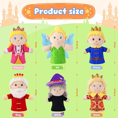 6 Pcs Castle Hand Puppets Fairy Tales Queen &amp King Princess &amp Prince Elf &amp Witch Plush Toys Role-Play Toy Puppets for Kids Storytelling Imaginative Pretend Play Teaching Preschool(6 Cart